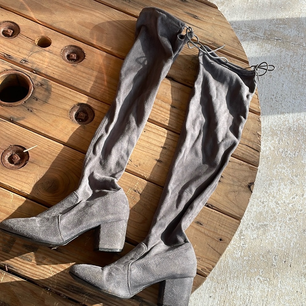 Grey thigh high boots
